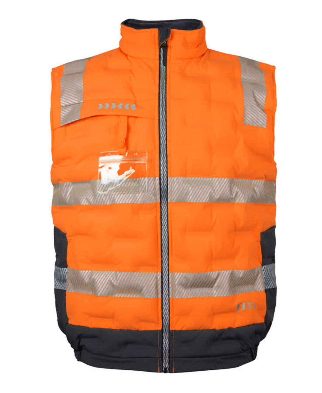 An orange puffer vest with reflective strips, featuring a front zip and a pocket. It includes a logo on the chest area.