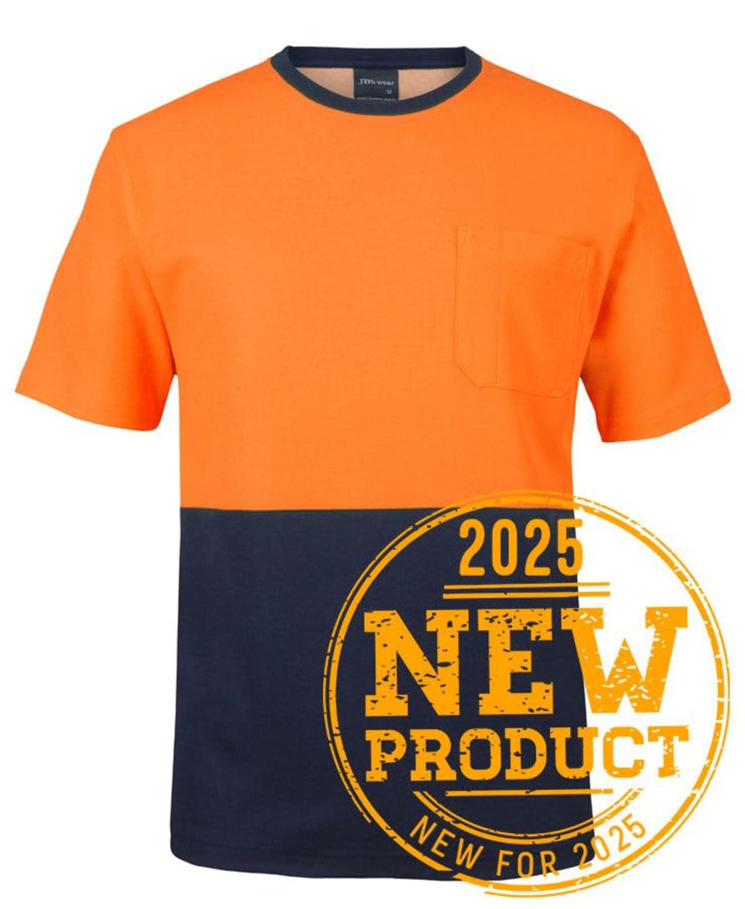 An orange and navy T-shirt with a chest pocket and a logo. Suitable for various activities.