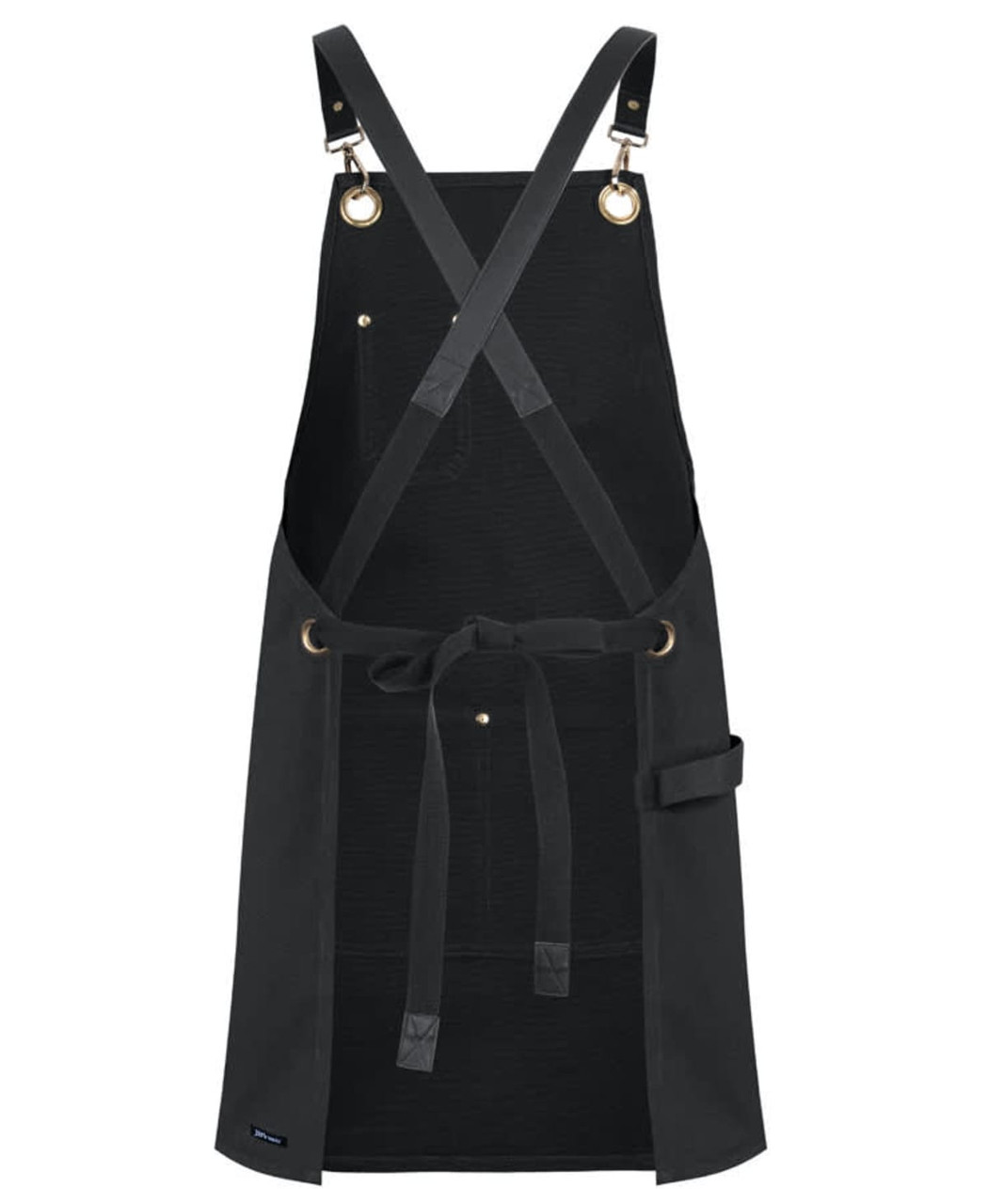 A black canvas apron with brass eyelets and PU straps featuring a front pocket and tie waist.