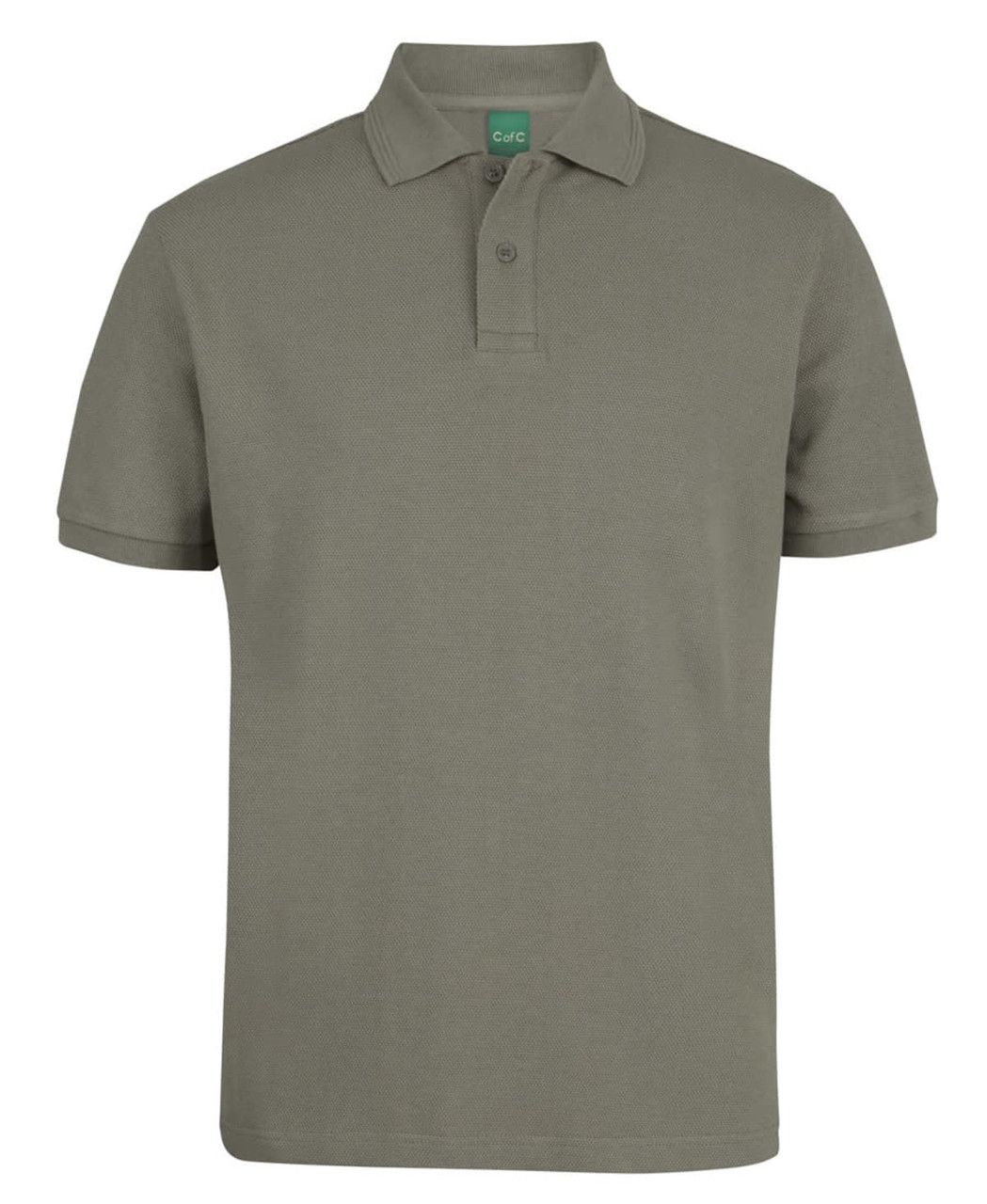 A short-sleeved polo shirt in olive green, featuring a three-button placket and a logo on the collar.