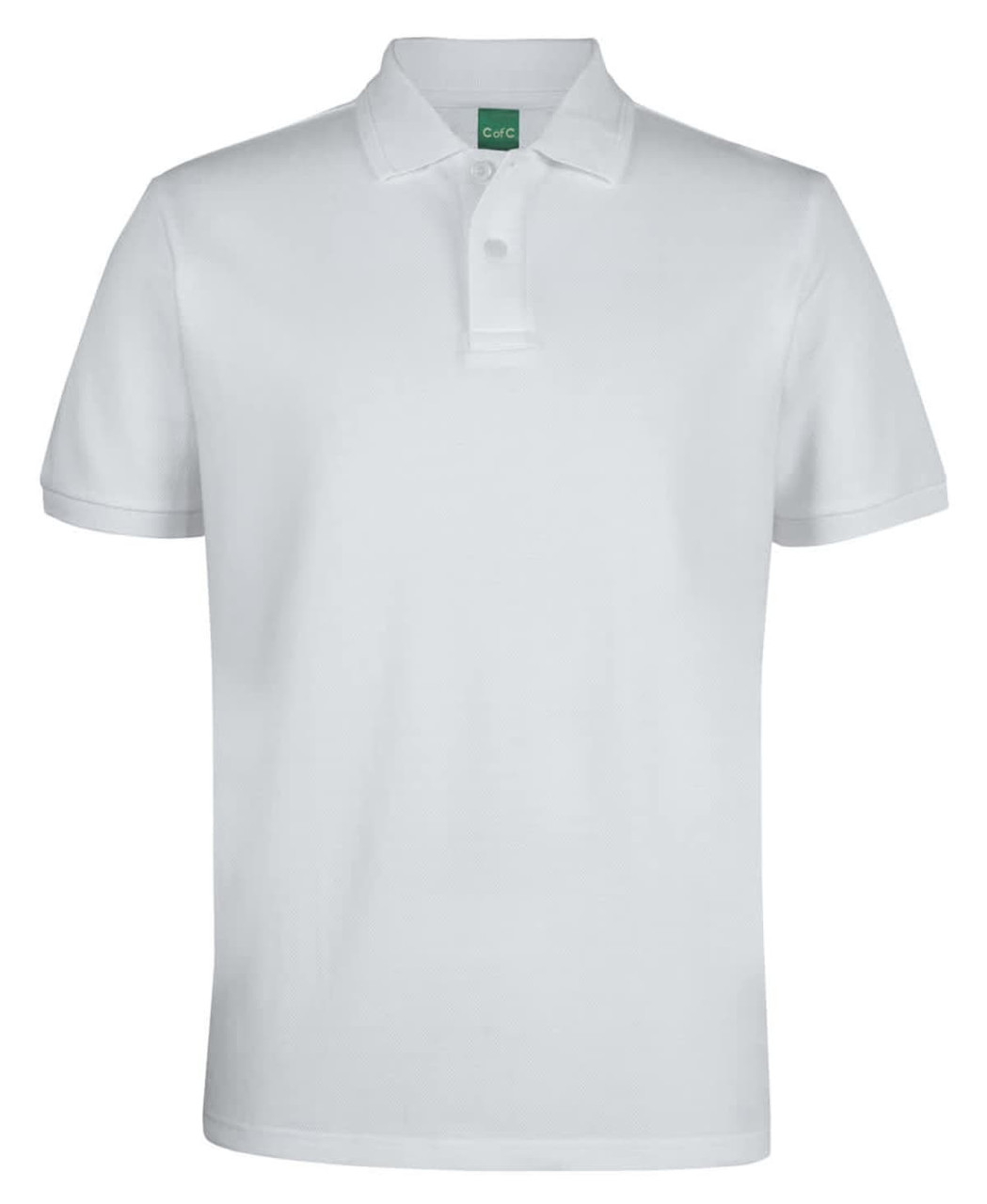A white polo shirt with a collar and short sleeves, featuring a logo on the label.