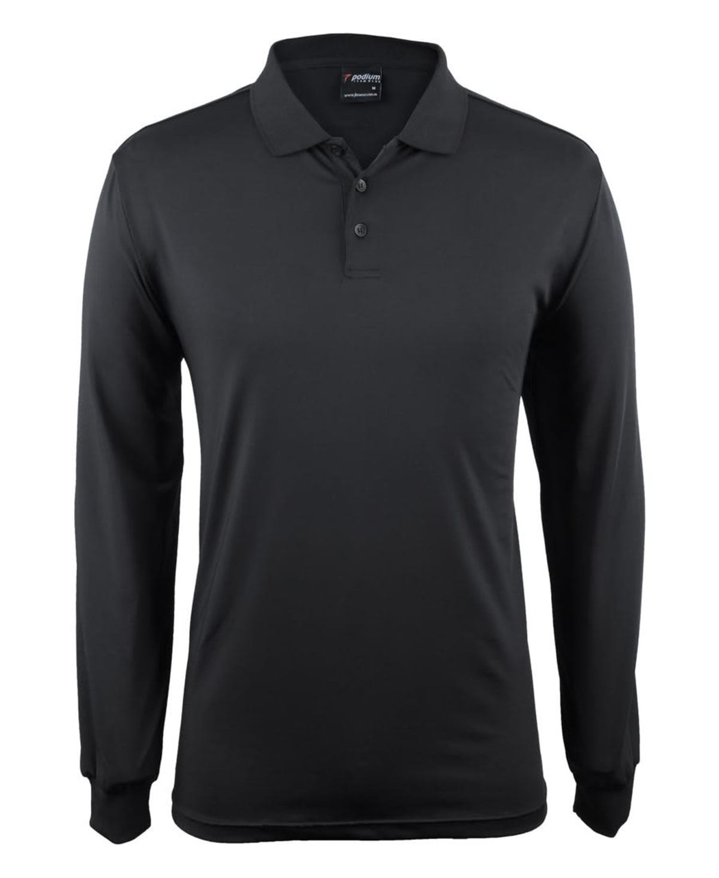 A black long-sleeved polo shirt featuring a collar and three buttons, with a logo on the upper side.
