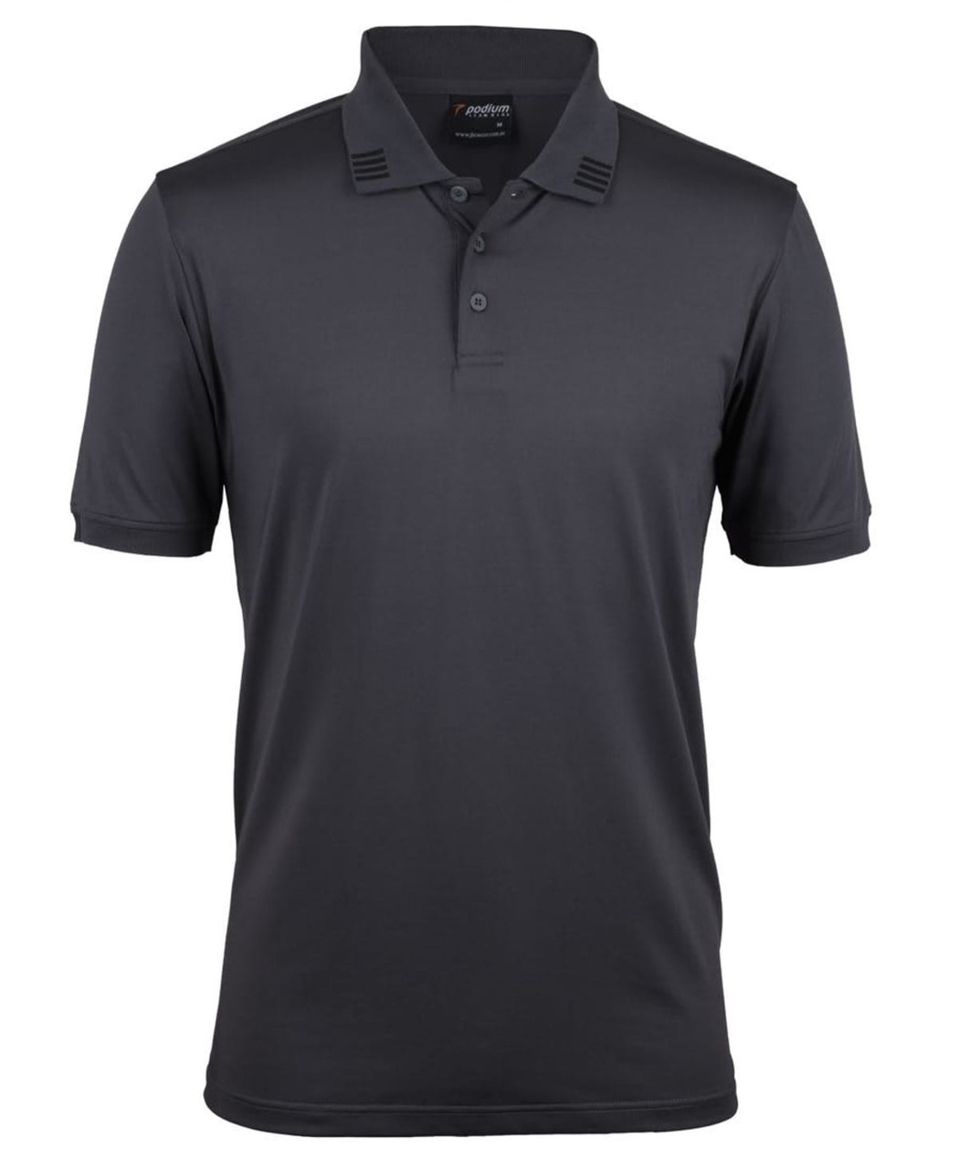 A black polo shirt with short sleeves, featuring a collar and a logo on the chest area.