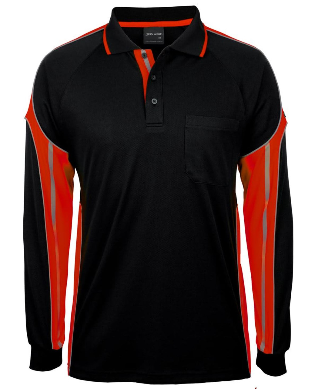 A long-sleeve polo shirt in black with red stripe detailing and a pocket on the front. Features a logo.