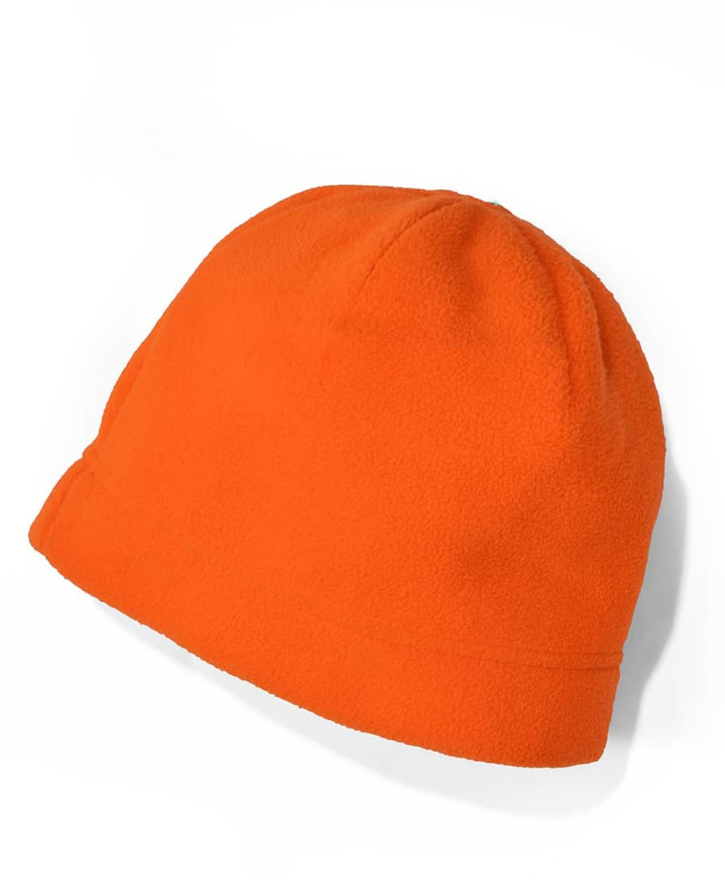 An orange fleece beanie with a rounded crown and a folded brim, featuring a logo.