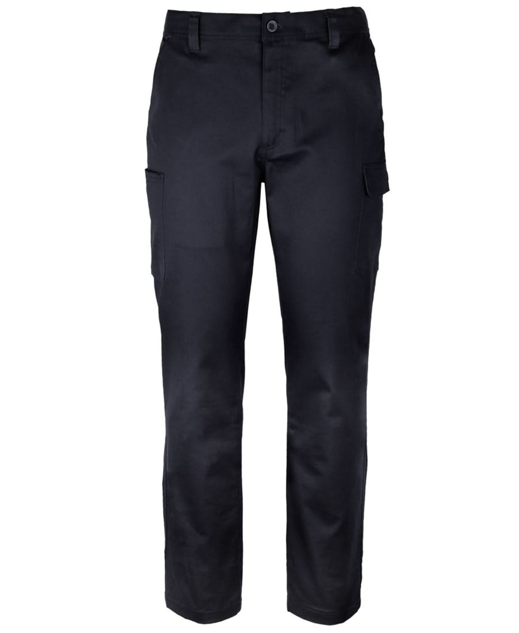 Black cargo pants featuring multiple pockets and a fitted design, with a waistband and a logo.