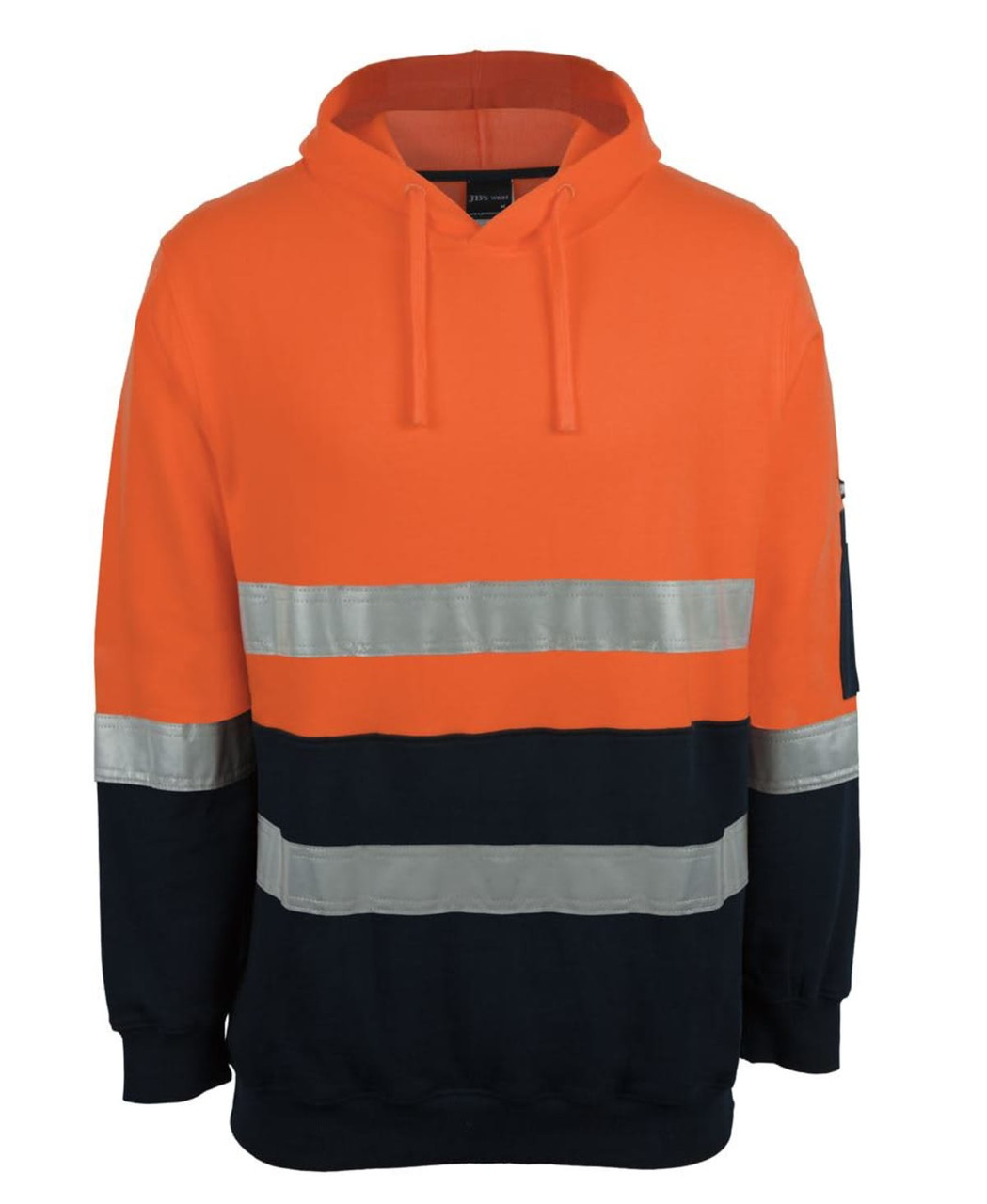 An orange and navy fleece hoodie featuring reflective stripes and a hood. It has branding on the sleeve.