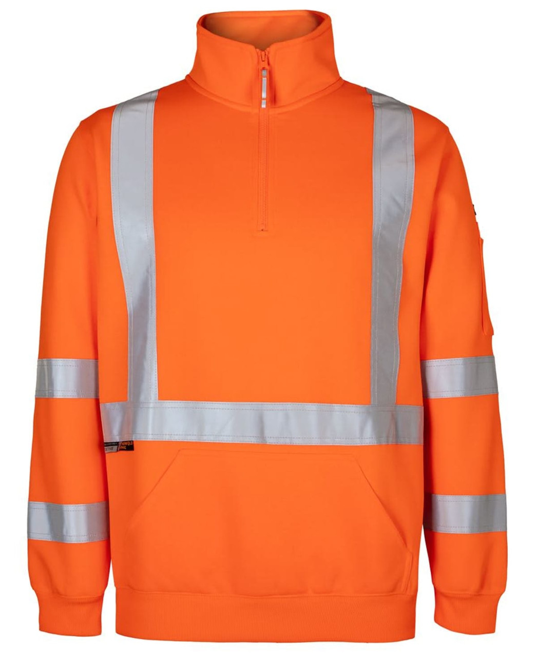 High-visibility orange fleece jumper featuring reflective stripes, designed for safety wear. Includes a zip collar and a pocket.