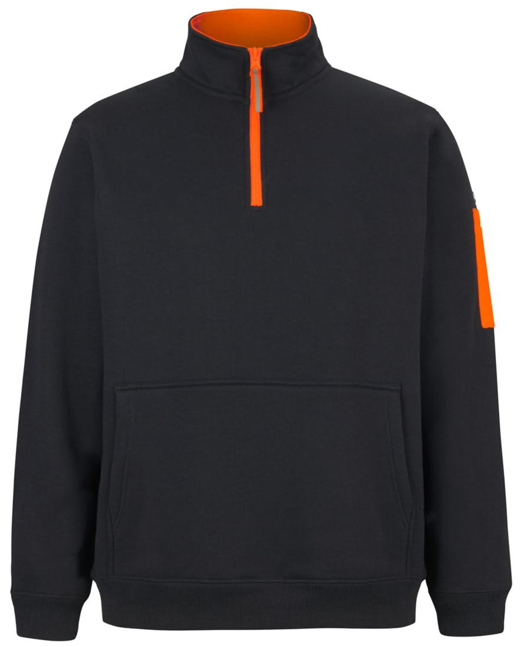 A black fleece jumper with a half-zip front and an orange collar detail. Features a pocket and logo.