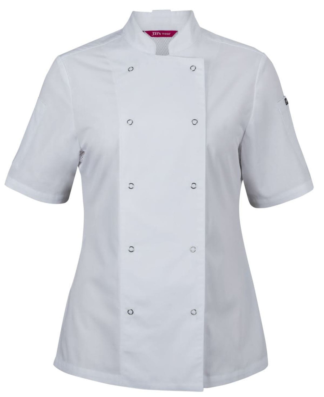 A white short-sleeve chef's jacket with snap button closures and a logo on the sleeve.