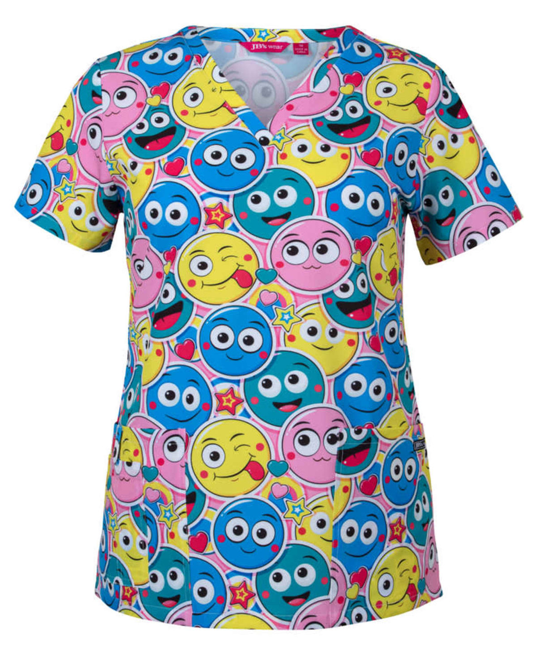 A colourful scrub top featuring a playful pattern of various smiley faces in pink, blue, and yellow. Includes a logo.