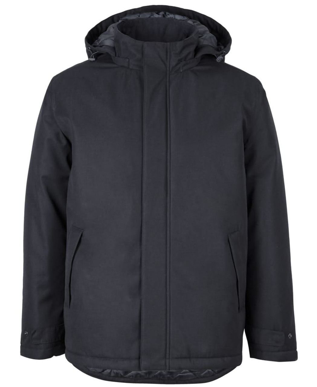 A black rain jacket with a hood, featuring a simple design and side pockets. It includes a branding logo.