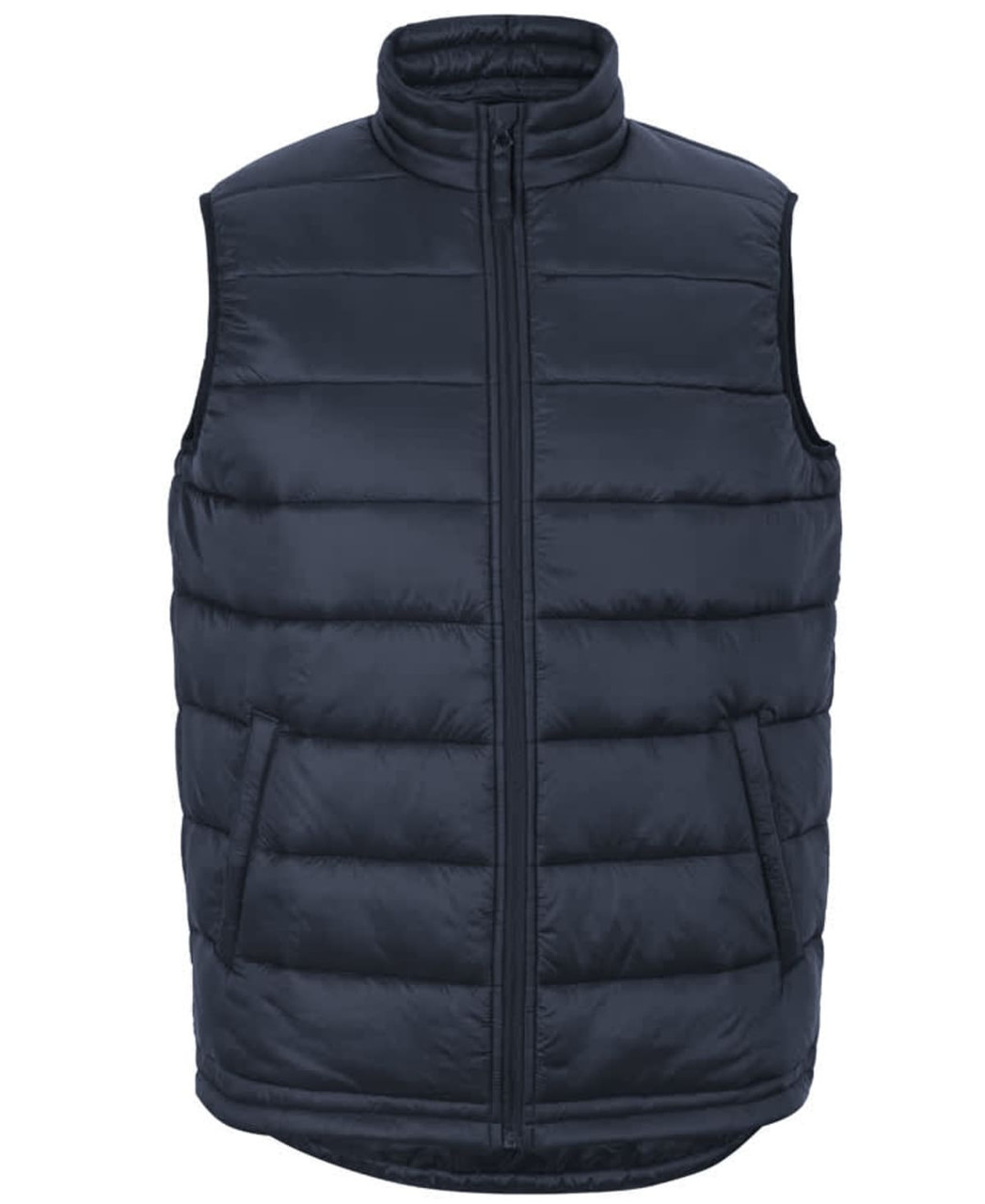 A dark navy puffer vest with a high collar, front zip, and side pockets. It features a logo on the front.