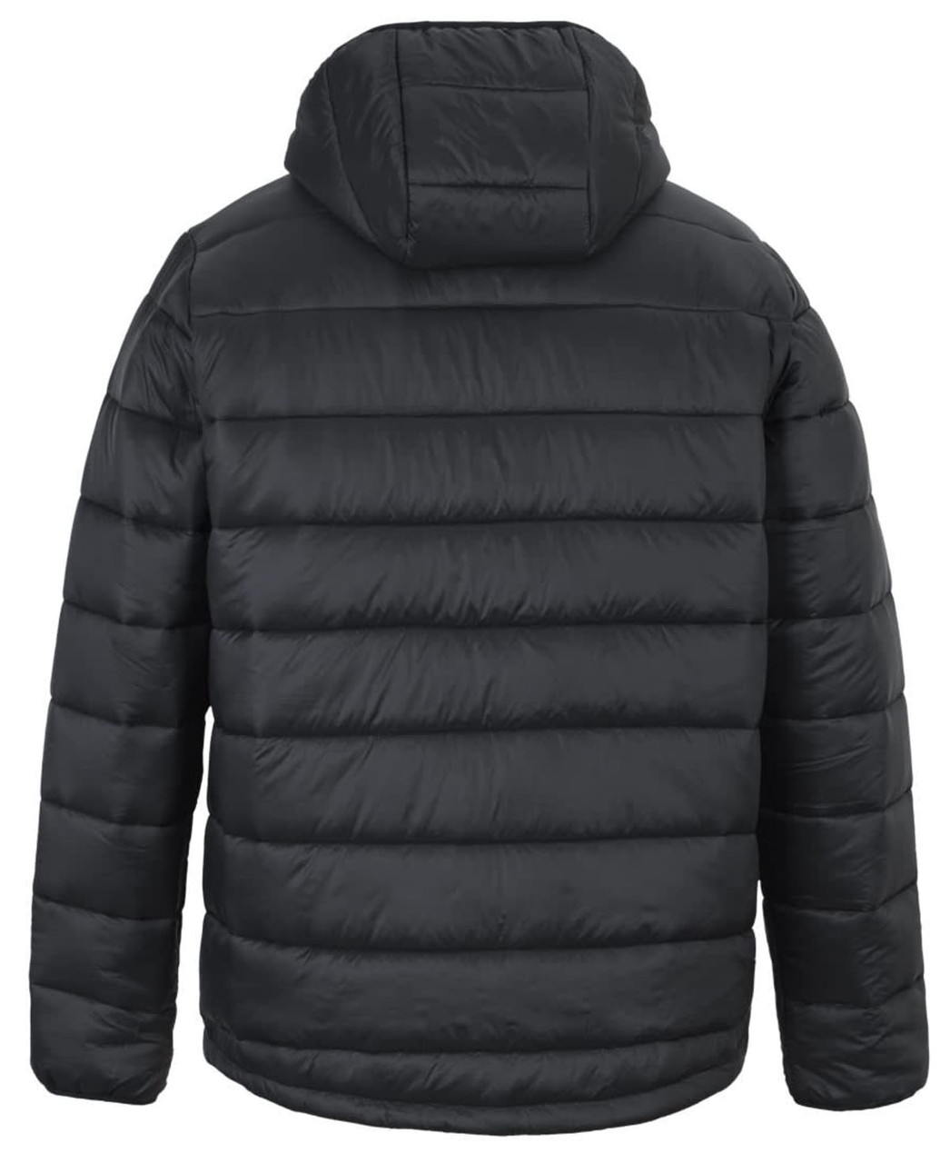 A black hooded puffer jacket featuring a quilted design and a logo. The jacket is shown from the back.