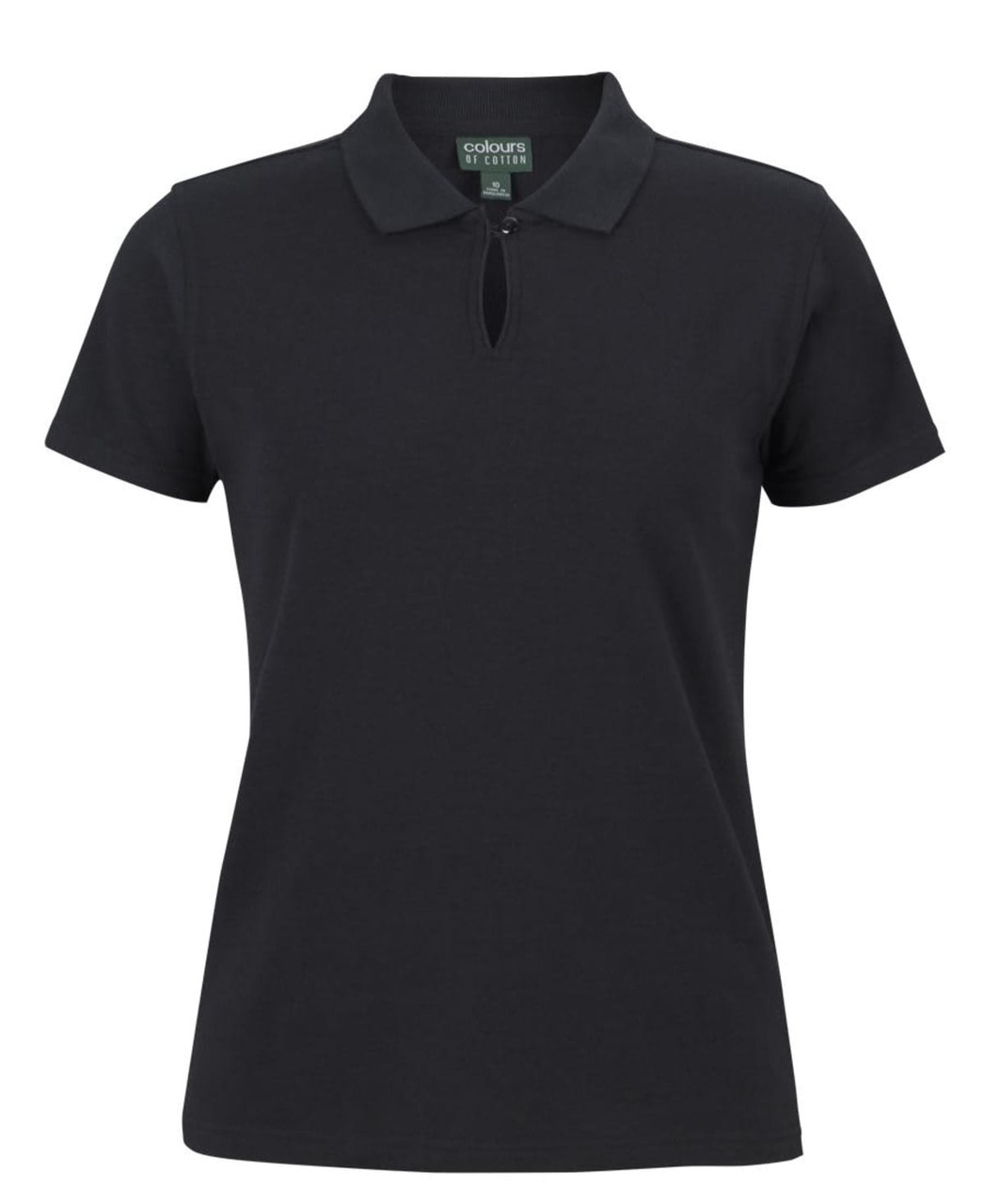 A black ladies' short-sleeve cotton stretch polo shirt featuring a collar and a logo.