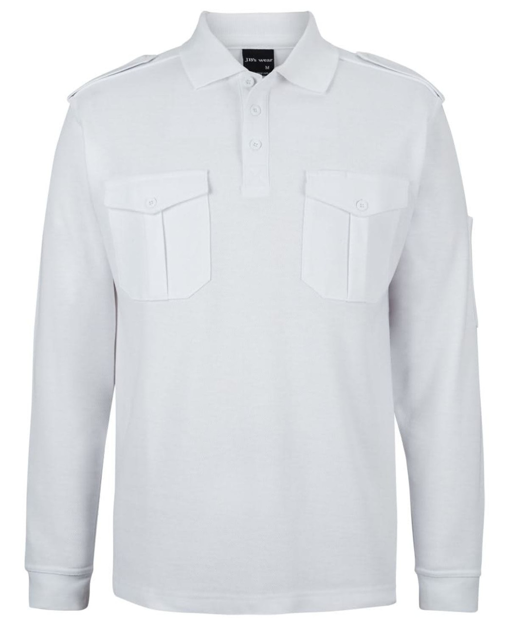 A white long-sleeve polo shirt with epaulettes and two chest pockets. It features a logo on the collar.