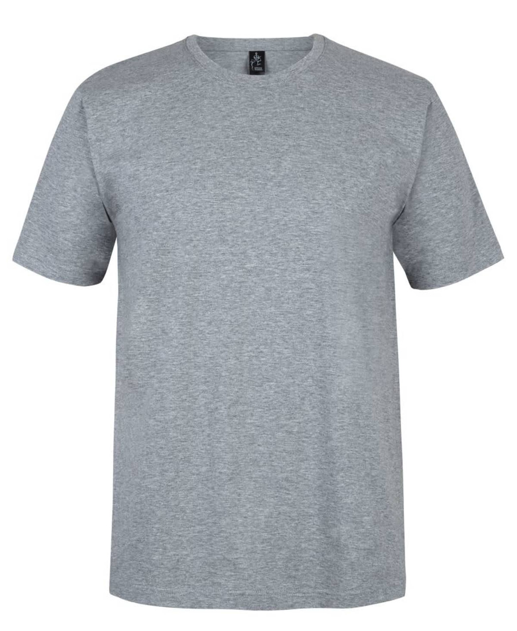 A grey T-shirt with a classic crew neck and short sleeves. It features a label and no visible logos.