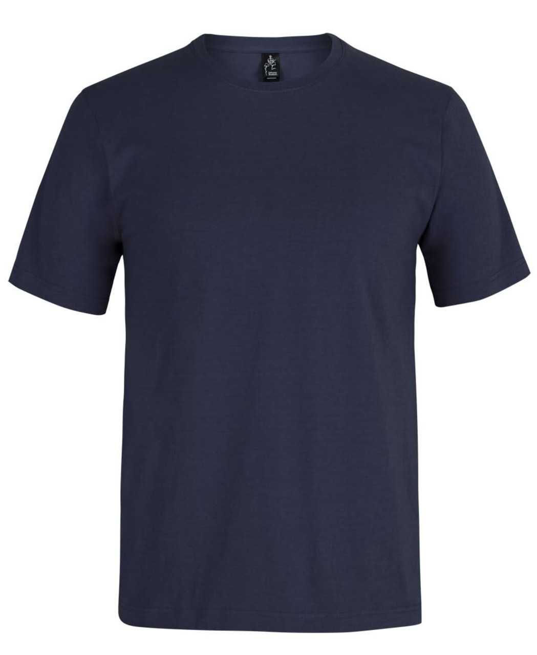 A navy blue T-shirt with short sleeves and a round neckline, featuring a small logo on the label.