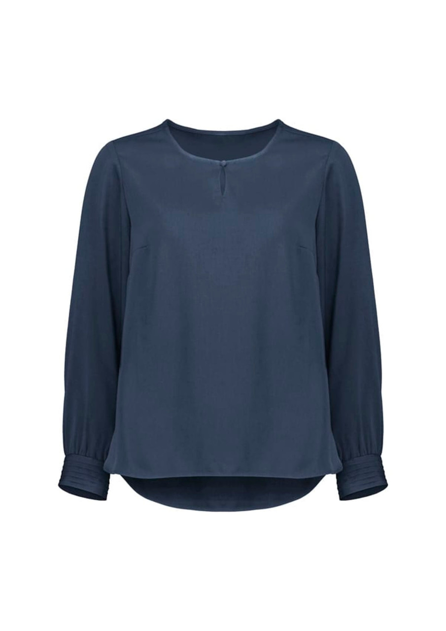 A navy long sleeve blouse with a round neckline and gathered sleeves. It features a subtle sheen and a loose fit.