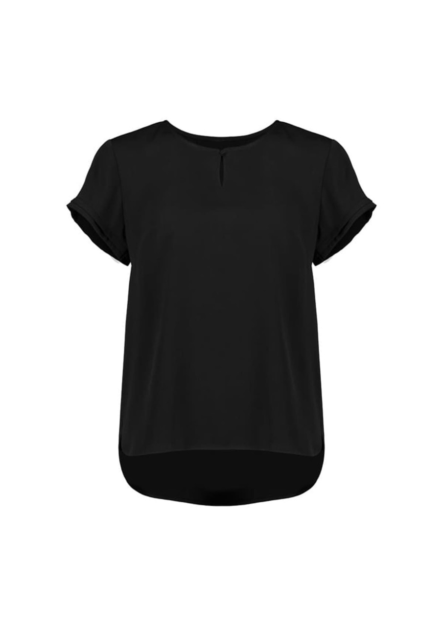 A black short sleeve blouse with a round neckline and rolled sleeves, featuring a slight drop hem and a logo.