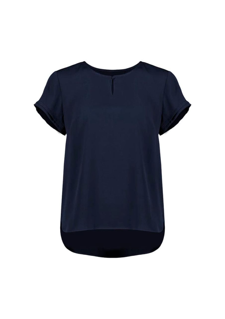 A navy blue women's short sleeve blouse with a round neckline and rolled sleeves, featuring a slightly longer back.