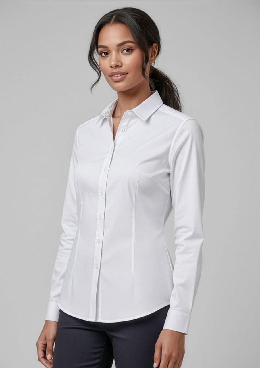 A white women's long sleeve button-up shirt displayed on a model, featuring a classic collar and a fitted silhouette.