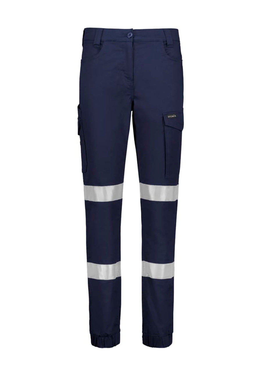 Navy cargo pants with cuffed hems and reflective stripes, featuring pockets and a logo.