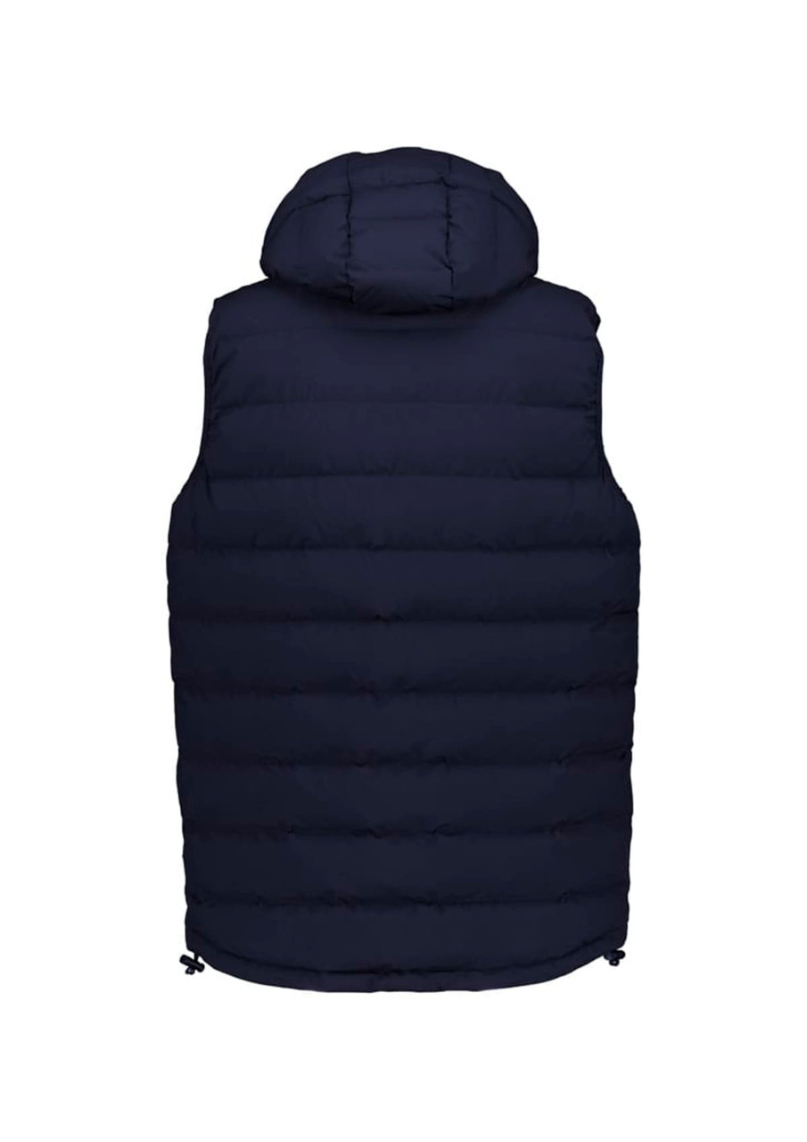 A navy hooded puffer vest featuring a quilted design and a drawstring hem. Includes a logo on the back.