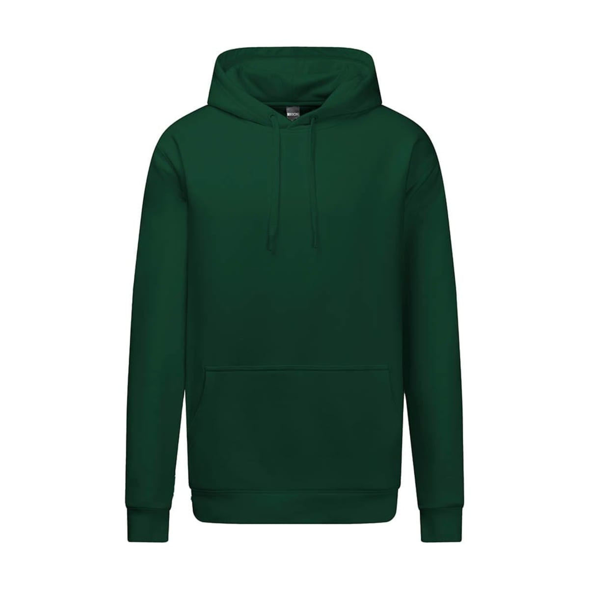A green heavy weight hoodie featuring a front pocket and a drawstring hood. It has a logo on the front.