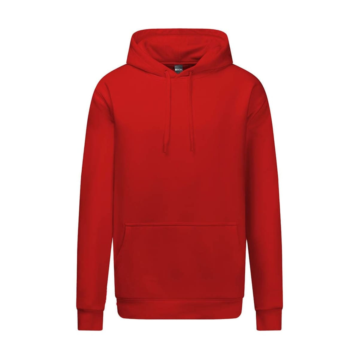 A red heavy weight hoodie with a front pocket and a hood. Features a logo on the chest area.