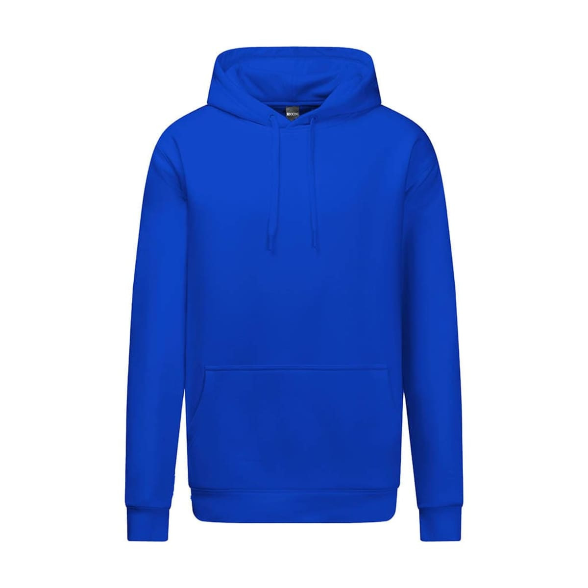 A blue heavy weight hoodie with a kangaroo pocket and a hood, featuring a logo on the front.