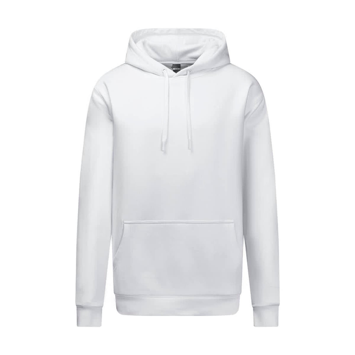 A white heavy weight hoodie featuring a front pocket and a hood, with a logo on the chest.
