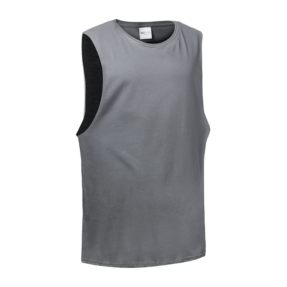 A grey unisex tank top with sleeveless design. It features a seamless blend of fabric and includes a logo.