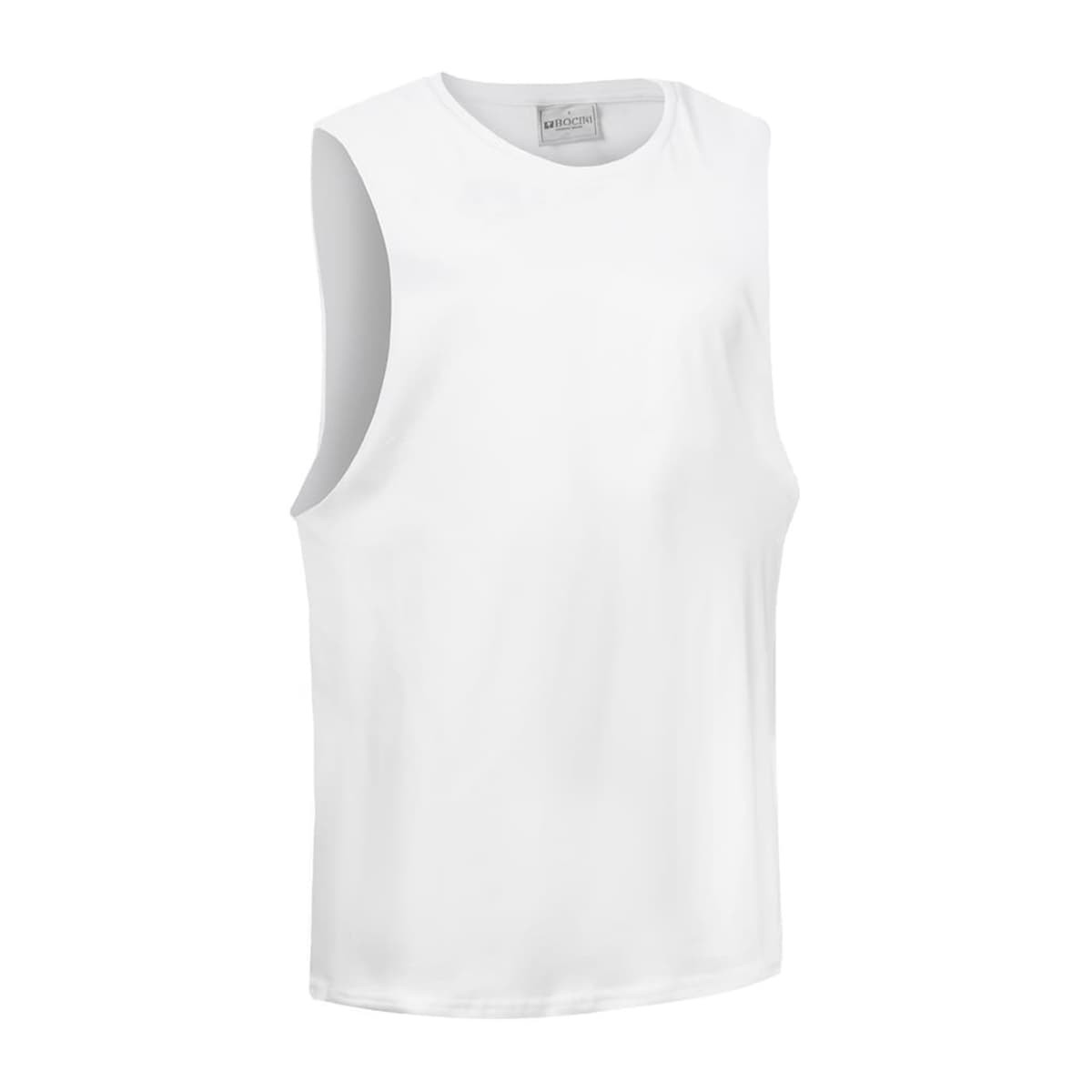 A white unisex tank top with a sleeveless design and a simple logo on the label.