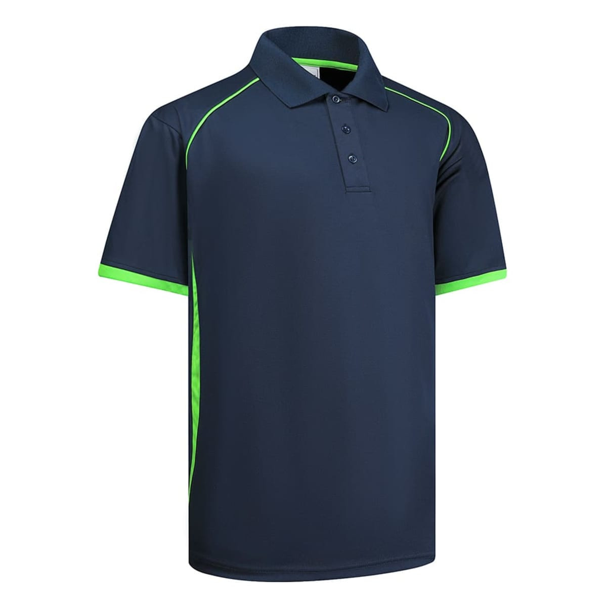 A navy polo shirt with lime green accents, featuring a collar and buttons, and a logo on the chest.