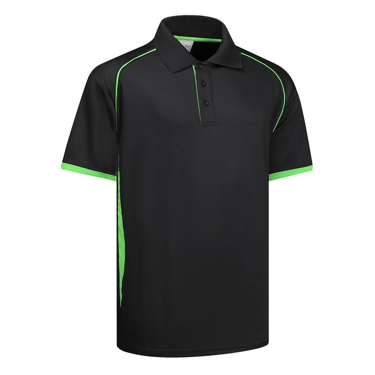 A black polo shirt featuring green accents, with a collar and three buttons, has a logo on the front.