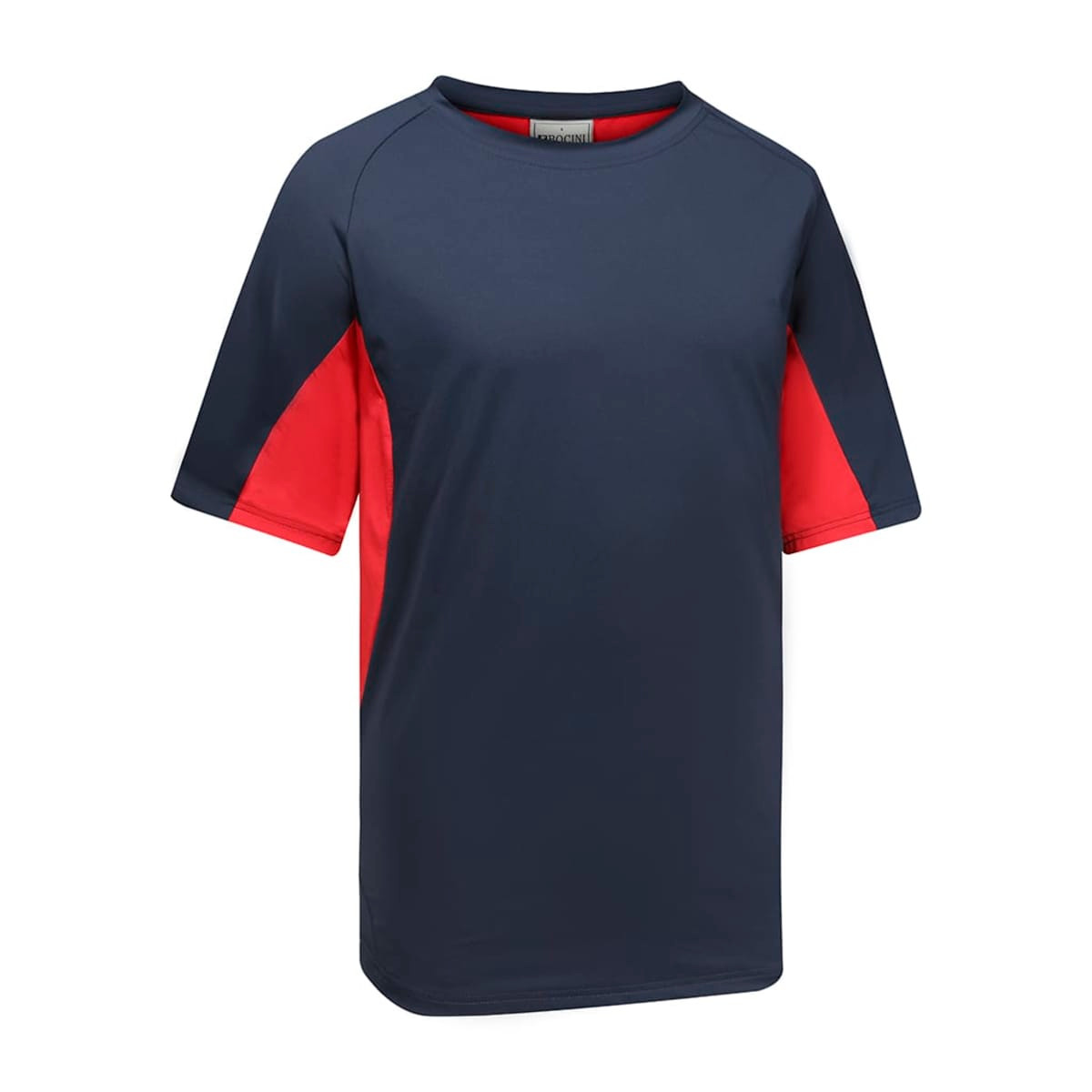 A navy blue and red sports T-shirt featuring a crew neck and short sleeves. It has a logo on the front.