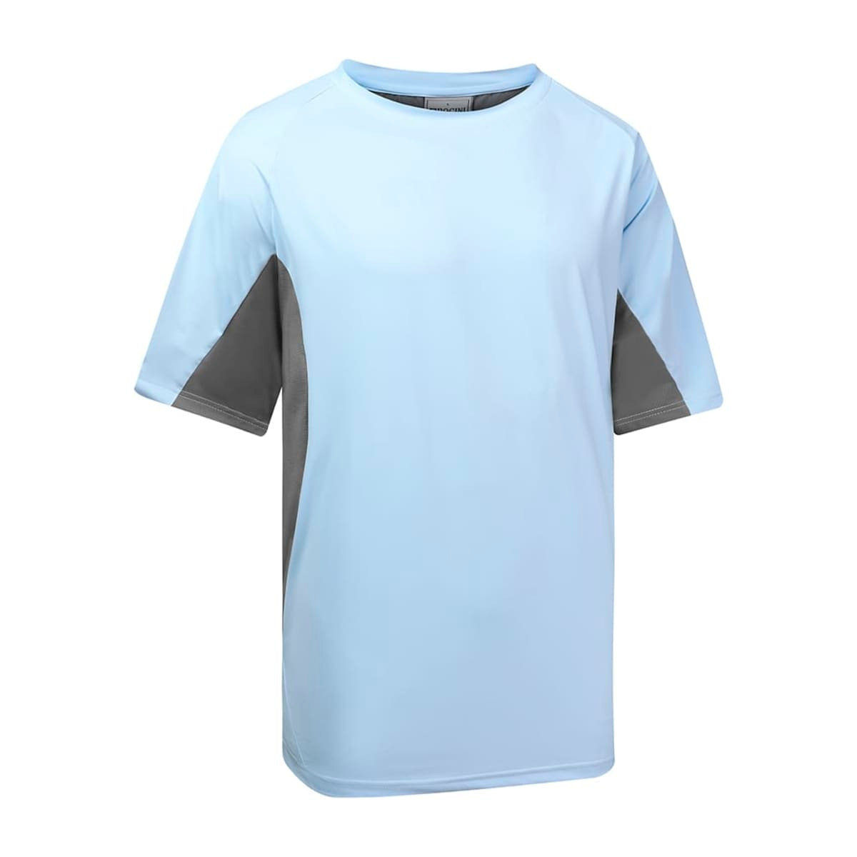 Light blue sports tee with grey accents and a logo, designed for active wear. Short sleeves and a relaxed fit.