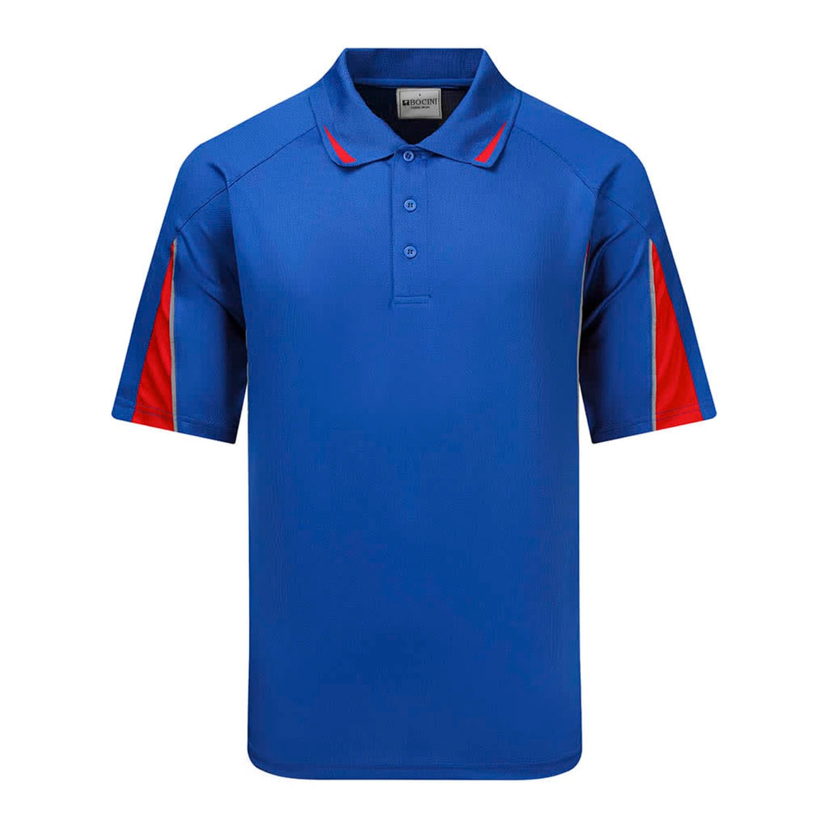 A blue polo shirt with red accents and a logo on the chest. It features short sleeves and a collared neck.