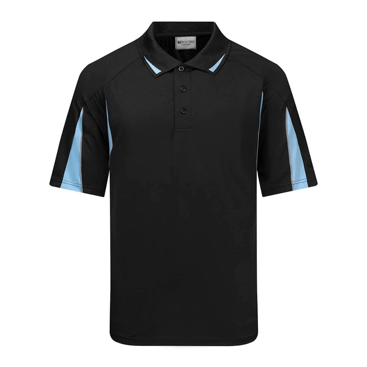A black polo shirt featuring light blue accents, designed with short sleeves and a collar. It has a branding logo.