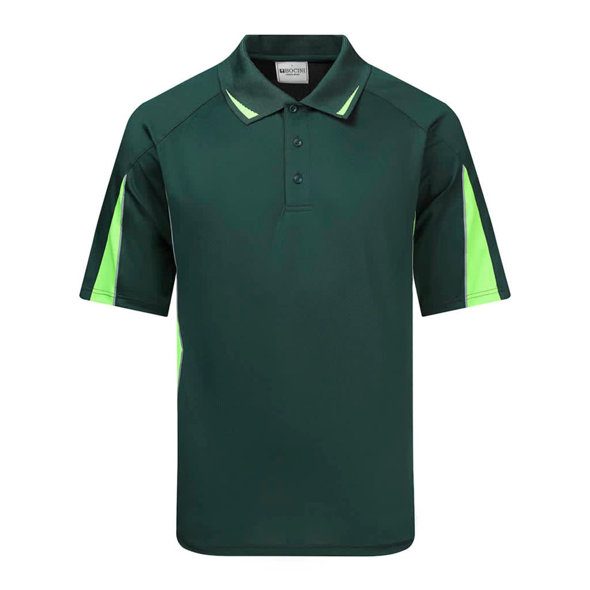 A dark green polo shirt with bright green accents and a logo on the chest. Short sleeves and a classic collar design.