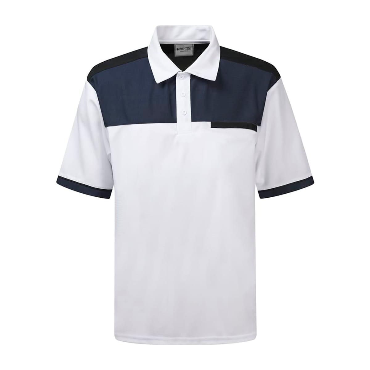 A white and navy SportTek polo shirt featuring a colour-block design and a logo.
