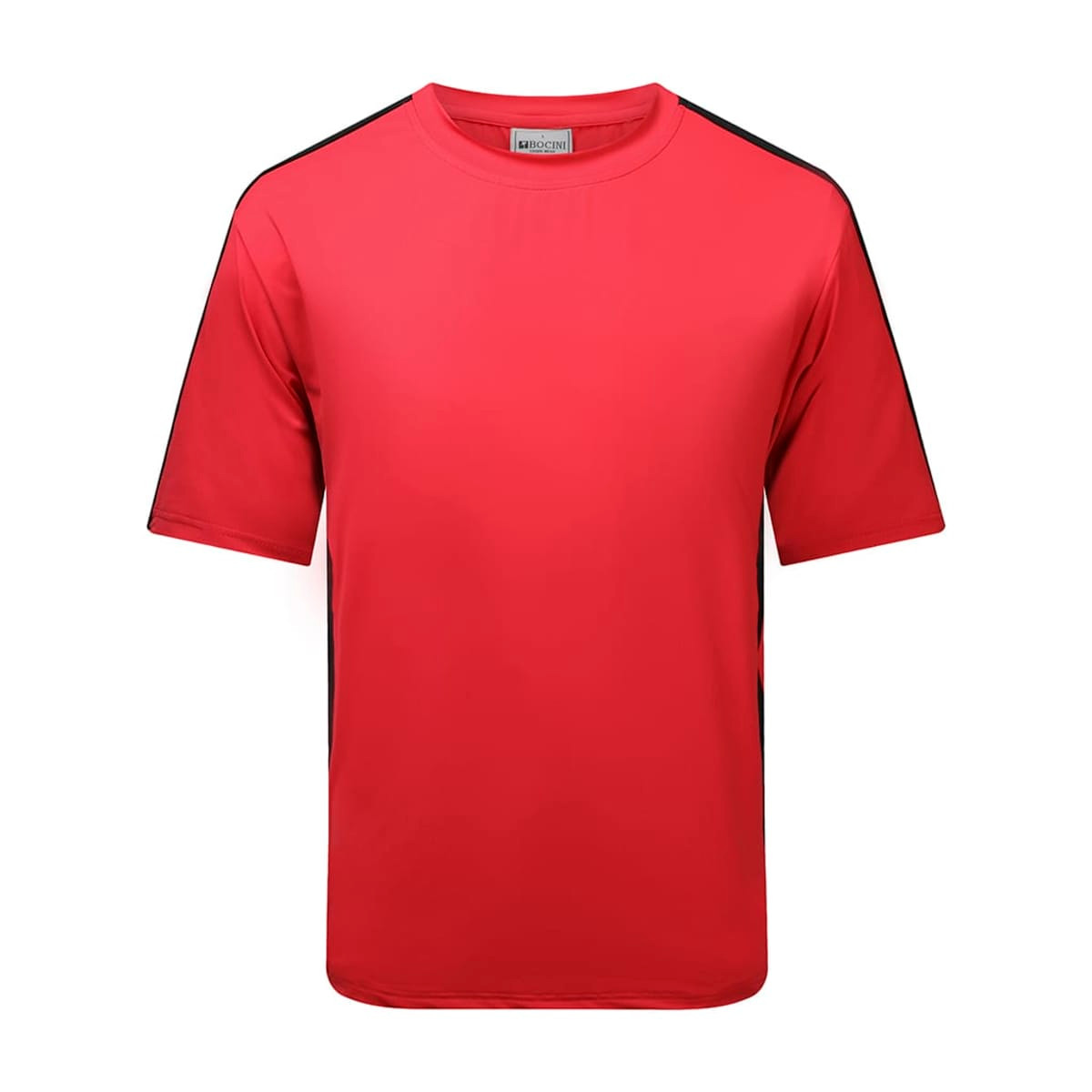 A red CoreMotion Tee featuring black side panels, made from breathable fabric, with a logo on the front.