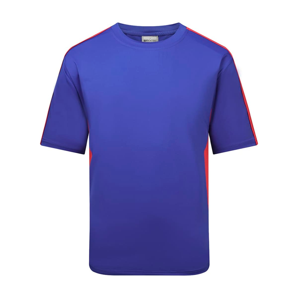 A blue T-shirt with red side panels and short sleeves, featuring a logo on the upper centre.