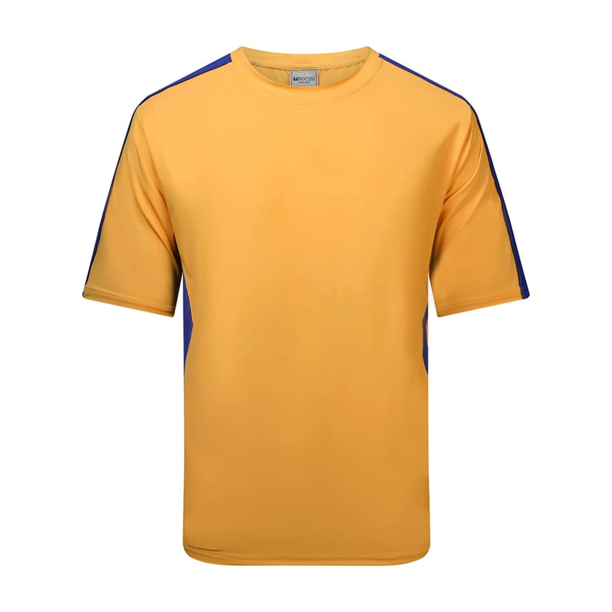 A yellow T-shirt with blue accents on the shoulders, featuring a logo on the front.