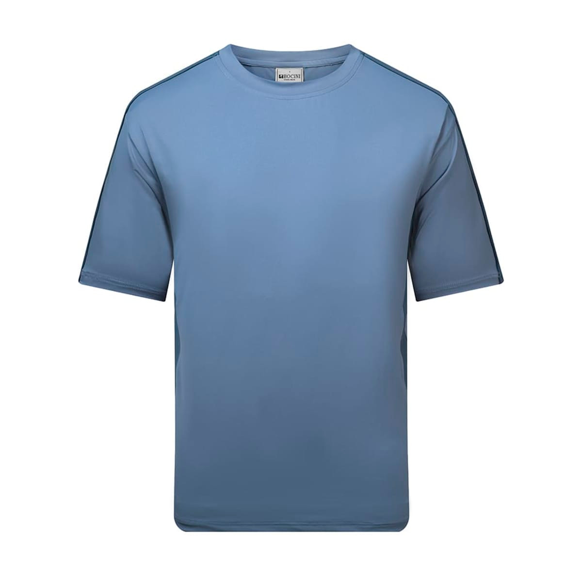 A light blue T-shirt with short sleeves, featuring a branding logo on the front and navy accents on the sides.