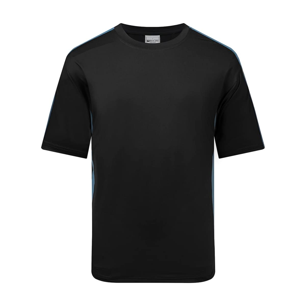 A black T-shirt featuring light blue accent details and a logo. Short sleeves and a relaxed fit.