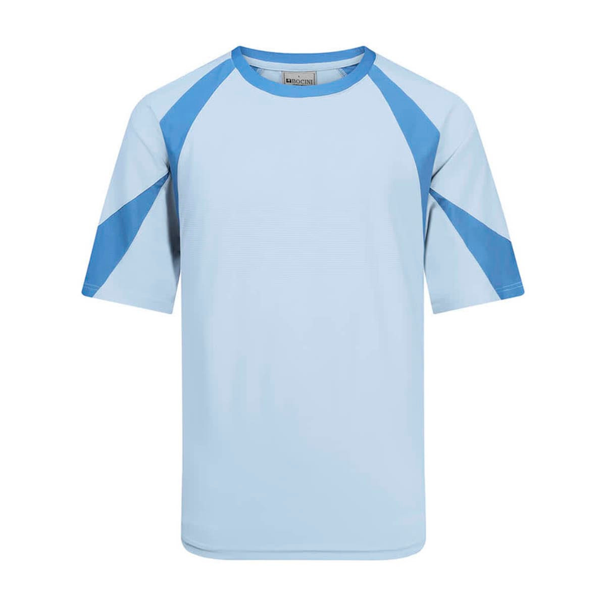 A light blue sports tee featuring three-tone contrast in blue shades and a logo on the label.
