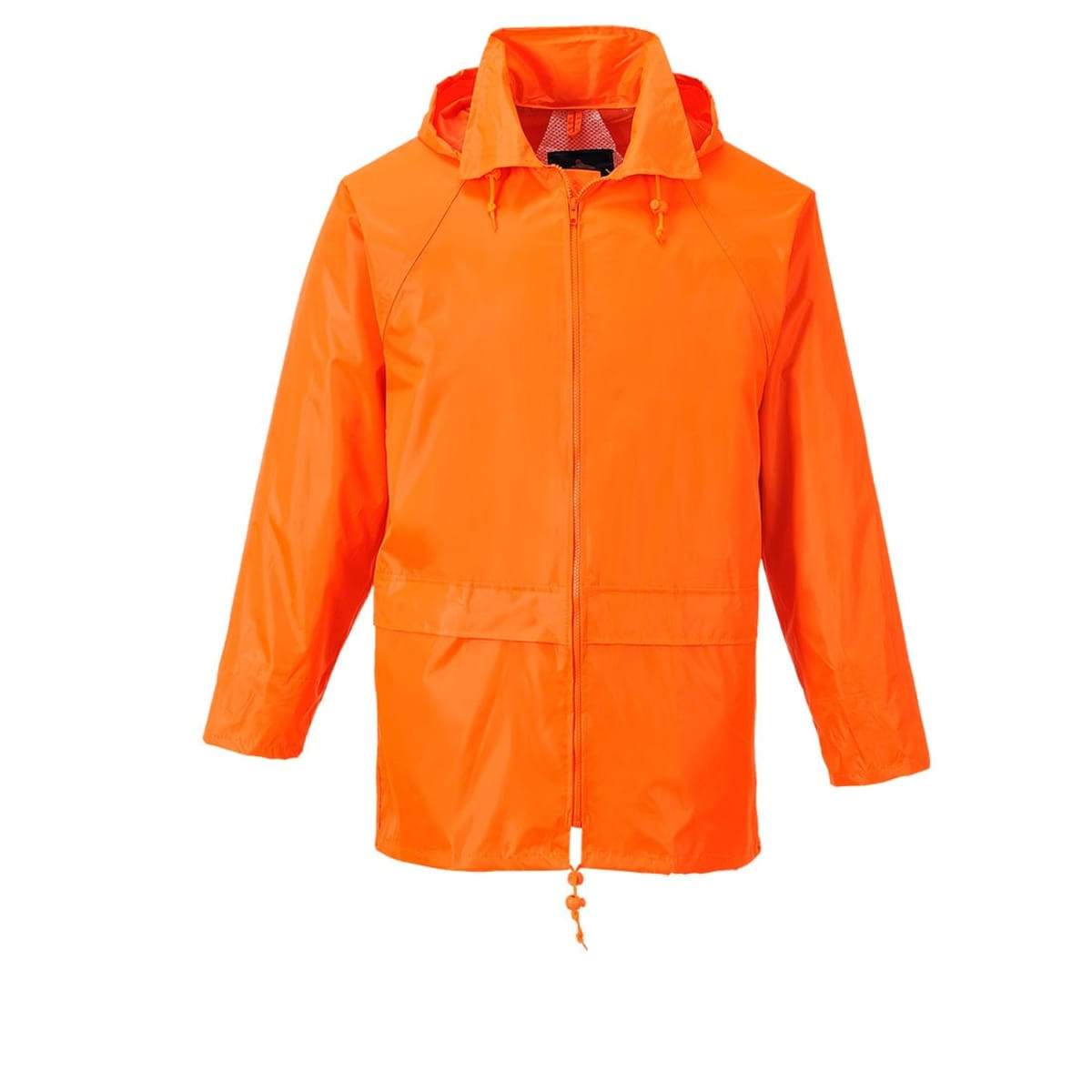 A vibrant orange rain jacket with a hood, zip front, and adjustable hem. It features a logo on the chest.