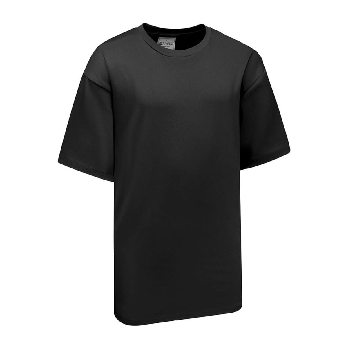 An oversized black t-shirt with a relaxed fit and short sleeves, featuring a logo on the label.